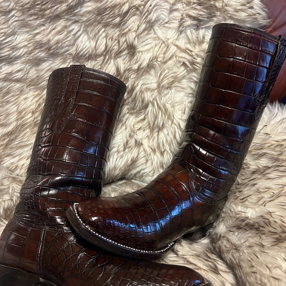 Lucchese Brown Croc-Embossed Leather Western Boots